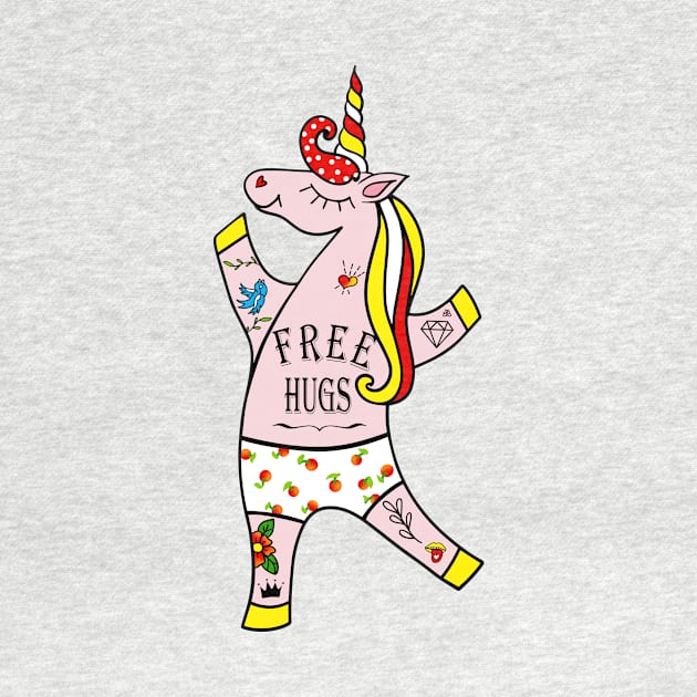 Funny design Tattooed Unicorn and FREE HUGS by DigitalStudioBarbara